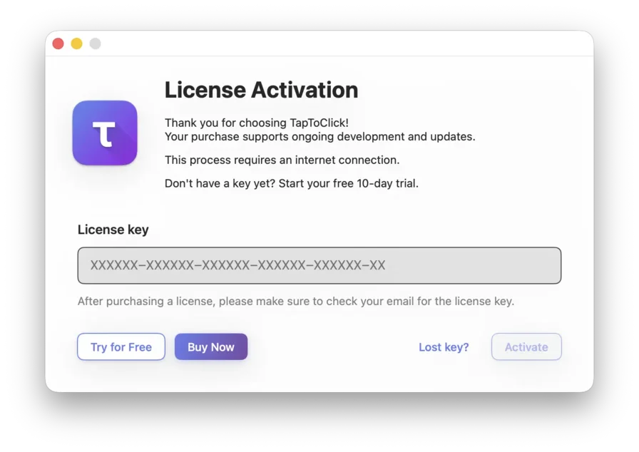 Activate free trial in TapToClick