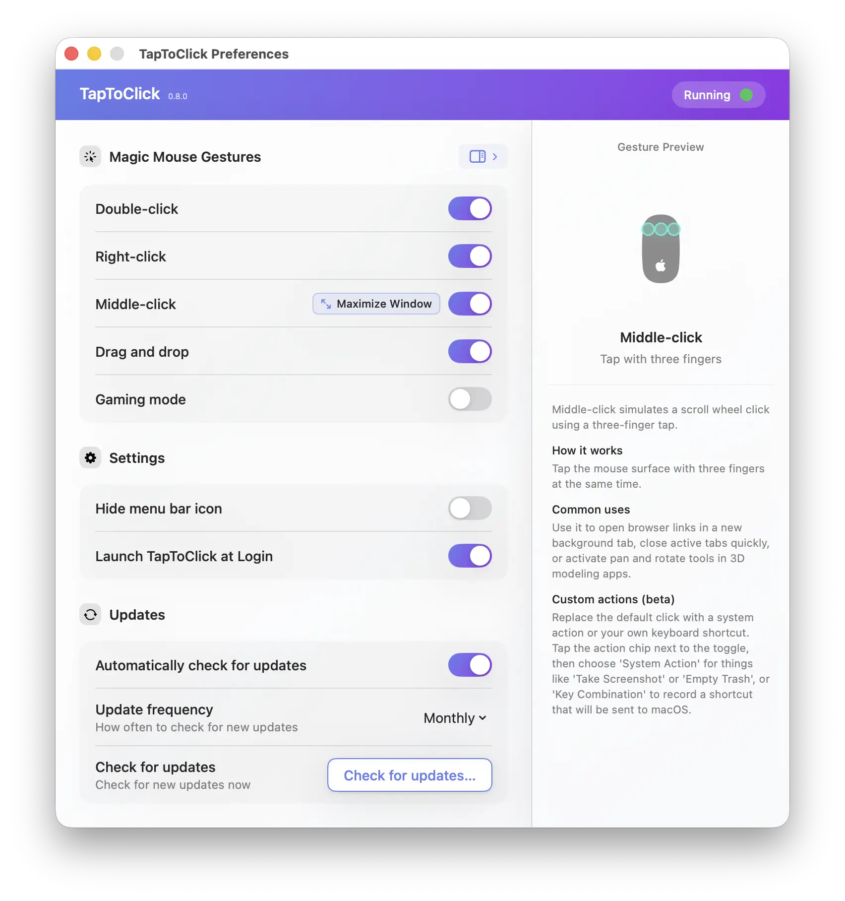 TapToClick app settings panel — configure tap-to-click gestures for Apple Magic Mouse on macOS