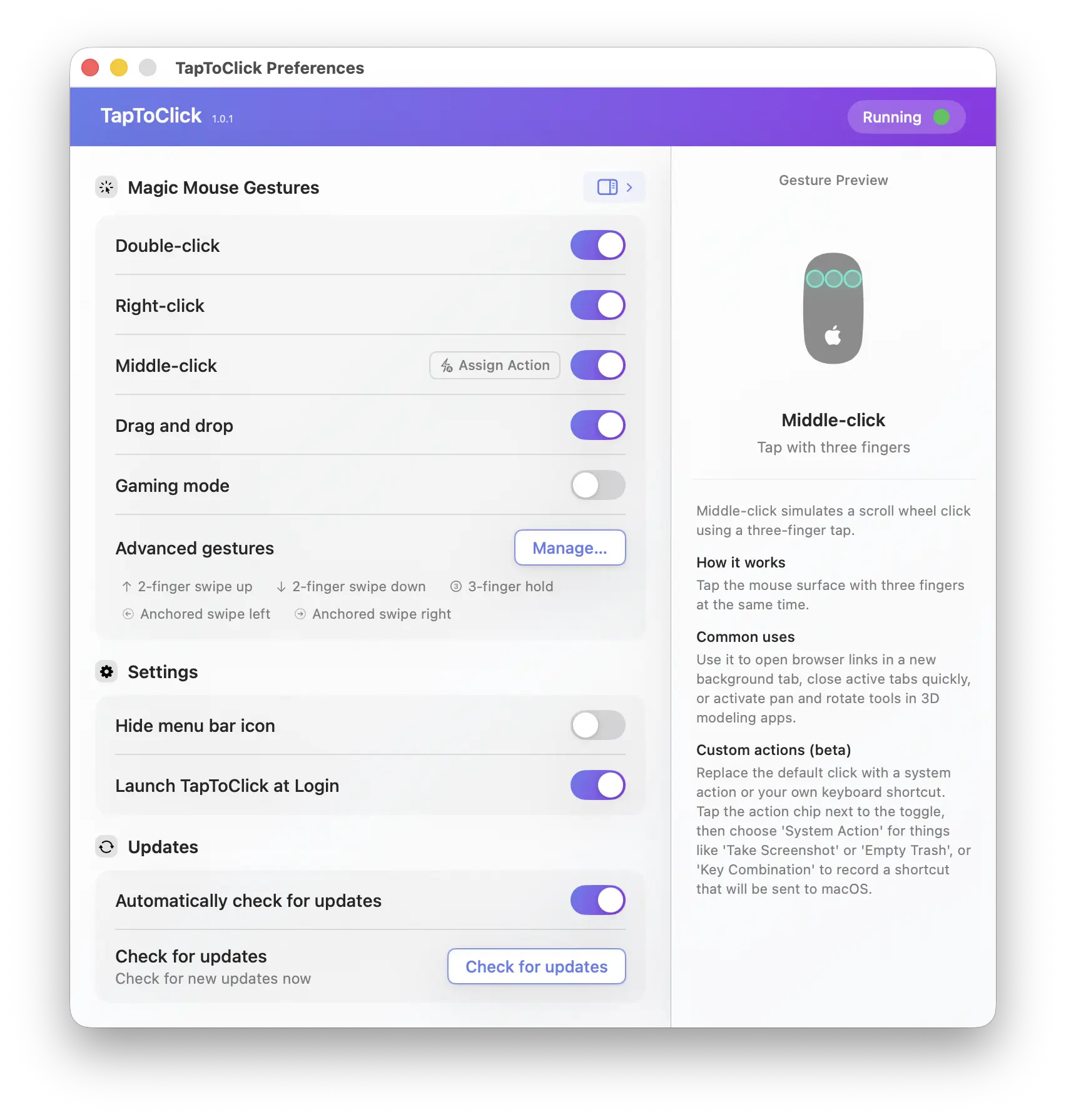 TapToClick app settings panel — configure tap-to-click gestures for Apple Magic Mouse on macOS