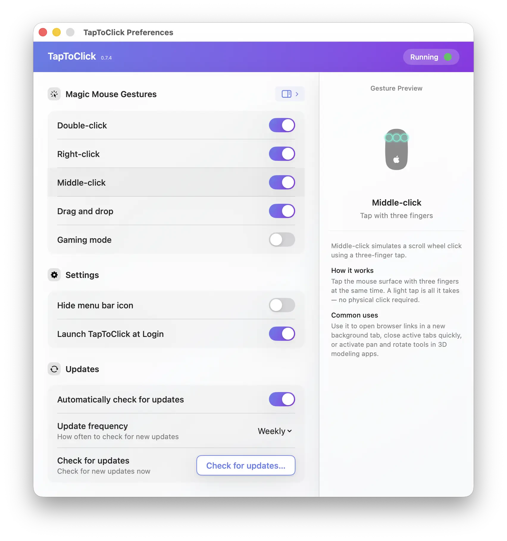 TapToClick app settings panel — configure tap-to-click gestures for Apple Magic Mouse on macOS